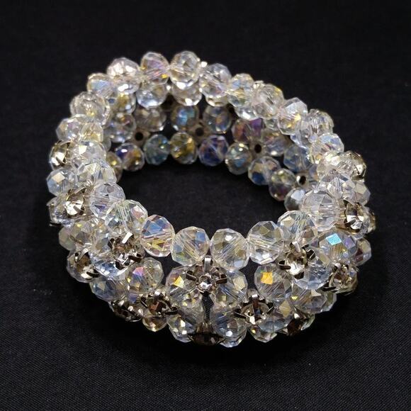 Clear Crystal & Rhinestone Beaded Stretch Wide Bracelet, 7 Inches - Picture 9 of 9